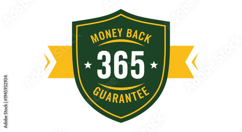 Detailed vector graphic illustration showcasing a 365-day money-back guarantee shield and vibrant ribbon design.