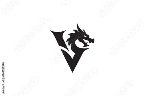 Dramatic dragon head symbol integrated with letter v for brand identity and emblem