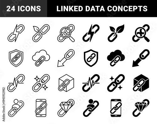 Hybrid Chain Link Icon Set Featuring Conceptual Mergers of Security Connectivity Sustainability and Data Infrastructure in Outline and Solid Styles