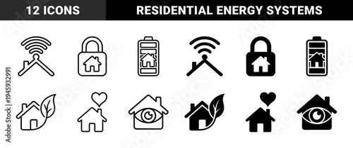 Smart Home and Sustainable Energy Hybrid Icon Set featuring Residential Buildings Merged with WiFi Signals Battery Cells Padlocks and Organic Leaves