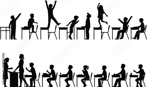 Diverse silhouettes of students and teacher in a classroom setting with desks and chairs education