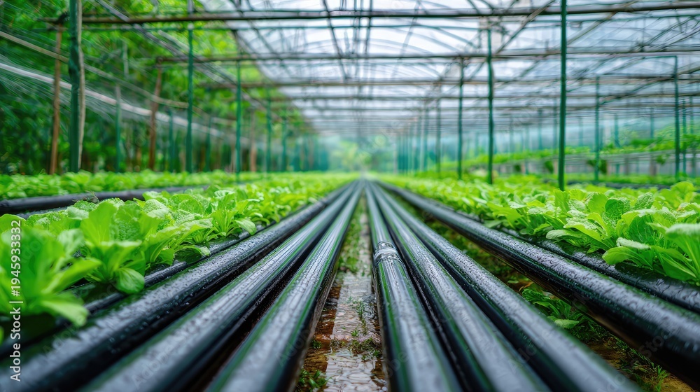 Fototapeta premium Rows of vibrant green leafy vegetables grow alongside black irrigation pipes inside a commercial greenhouse structure