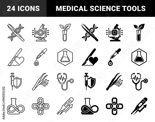 Hybrid medical and scientific symbols merging biotechnology elements like DNA helix with tweezers and laboratory flasks with infinity loops