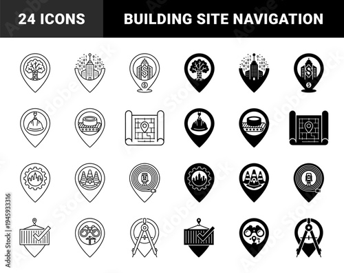 Map pin hybrid icons merging location markers with construction site planning development and industrial engineering symbols in linear and solid styles