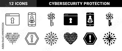 Hybrid cybersecurity and data encryption icons featuring browser locks biometric mobile security atomic keys and binary heart coding symbols