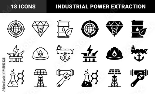 Industrial Energy and Resource Extraction Icons Featuring Hybrid Designs of Oil Barrels with Leaves Drill Bits with Diamonds and Solar Towers