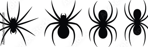 Four black silhouette spiders with varying leg positions and body shapes displayed against a white background for purposes