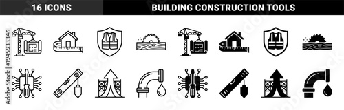 Hybrid construction and industrial engineering icons featuring building blueprints with cranes house measuring tape safety vest and plumbing pipe