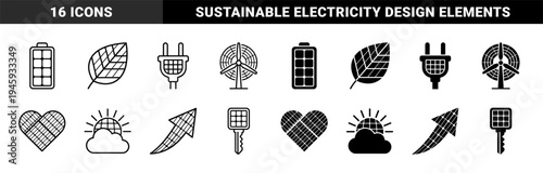 Sustainable energy hybrid icons featuring solar panel textures integrated into battery leaf wind turbine heart and key symbols in line and glyph styles