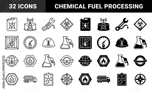 Industrial energy and chemical hybrid icons featuring fuel canisters with lightning bolts laboratory flasks with gas pumps and oil rig hard hats