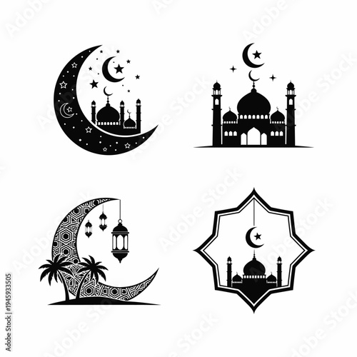 Islamic Mosque Crescent Moon Star Vector Silhouettes Set Isolated on White