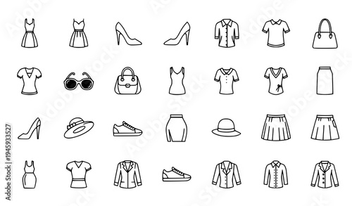 Fashion Clothing Line Icons Dress High Heel Shoes Apparel Vector Set