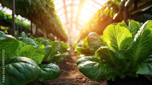 Rows of vibrant green leafy vegetables flourish under bright sunlight within a controlled cultivation structure.