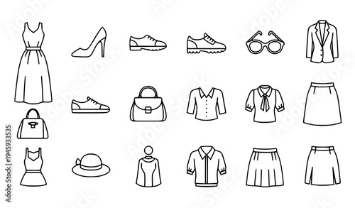 Minimal Fashion Apparel Line Icons Dress Heels Clothing UI Vector