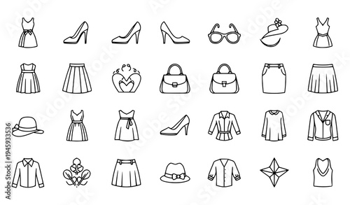 Women Fashion Outline Icons Dress Heels Shoes Clothing Vector Pack