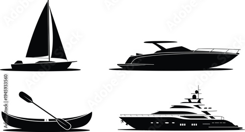 Set of black silhouette featuring a sailboat a speed boat a canoe with paddle and a yacht for water transport