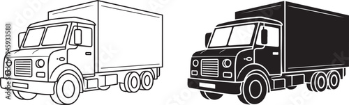 Delivery truck silhouette & outline set isolated on transparent background