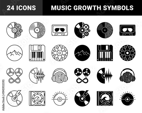 Hybrid conceptual music and nature icons merging vinyl records with gears mountains piano keys floppy disks and tree rings in outline and solid styles