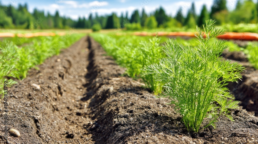 Fototapeta premium Young green foliage sprouts vigorously from dark earth in a neatly tilled field under a bright sky