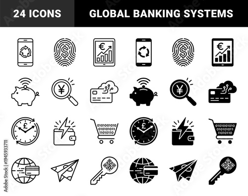 Fintech Hybrid Line and Solid Icons Featuring Money Piggy Bank With Wifi and Biometric Fingerprint Currency Security Plus Digital Wallet Energy