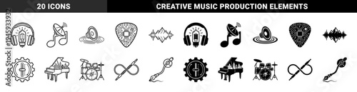 Hybrid Audio and Music Production Icon Set Featuring Vacuum Tube Headphones Satellite Dish Note Circuit Guitar Pick and Piano Cityscape