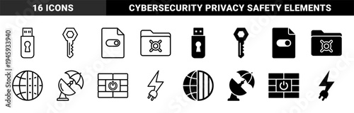 Cybersecurity and Network Protection Hybrid Icons Featuring USB Keyhole Folder Vault Globe Shield Satellite Umbrella and Power Firewall Symbols
