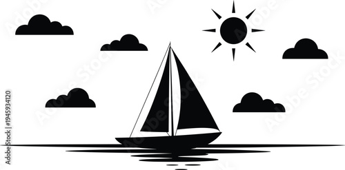 Stylized black silhouette of a sailboat on calm water under a bright sun and fluffy clouds representing a serene nautical scene