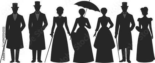 Group of Victorian Era People Silhouettes, 19th Century Men and Women in Formal Attire, CAD Drawing Flat Vector Illustration, Isolated