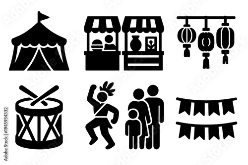 Cultural Fair Icons. Cultural Fair silhouette set: stage tent, food stall, craft booth, lantern decor, drum, performer, family visitors, festive banner