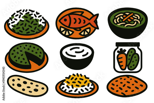 Nowruz Feast Icons. Nowruz Feast silhouette set: sabzi polo, fish dish, kuku sabzi, ash reshteh, yogurt bowl, pickled vegetables, naan bread, saffron rice