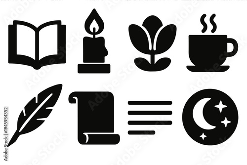 Hafez Poetry Icons. Hafez Poetry Reading silhouette set: open book, candle flame, flower petals, cup of tea, quill pen, scroll, poetry lines, night sky