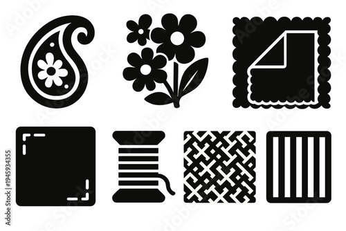 Colorful Fabric Icons. Cultural Fabric Patterns silhouette set: paisley motif, floral print, stripe weave, lace edge, stitched corner, folded fabric, thread spool, pattern swatch