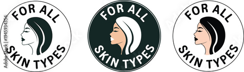 Three circular emblems promoting skincare for all skin types featuring profile silhouettes of diverse women with varying hair and lip colors