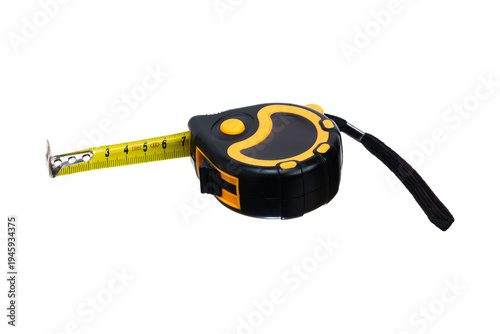 Tape measure with extended ruler isolated on white background. Measuring tool for construction, renovation and precision household tasks.