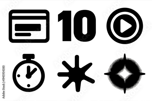 Brutalist Timer Icons. Event Timer silhouette set: screen interface, countdown numbers, play button, glowing ring, progress dots, clock icon, light pulse, midnight glow