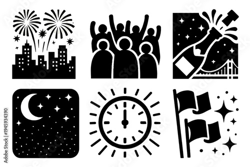Festive City Icons. City Celebration silhouette set: skyline fireworks, crowd silhouettes, bridge lights, champagne bottle, night sky, glowing clock, waving flags, festive glow