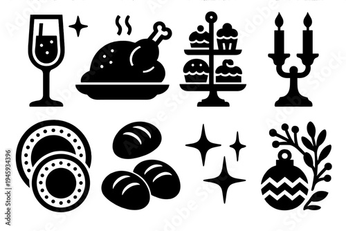 Festive Banquet Icons. New Year Banquet silhouette set: champagne glass, roasted dish, dessert tray, candle holder, decorative plates, bread rolls, sparkling lights, festive decor