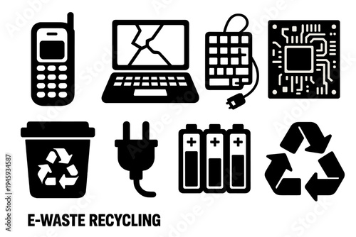 E-Waste Icons Set. E-Waste Recycling silhouette set: old phone, broken laptop, dismantled keyboard, circuit board, recycling bin, electric plug, battery pack, recycle arrows