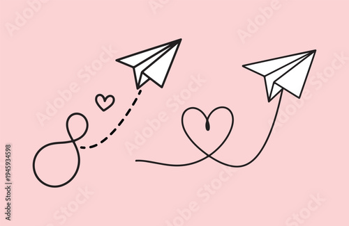 Minimalist paper planes flying with heart shaped trails