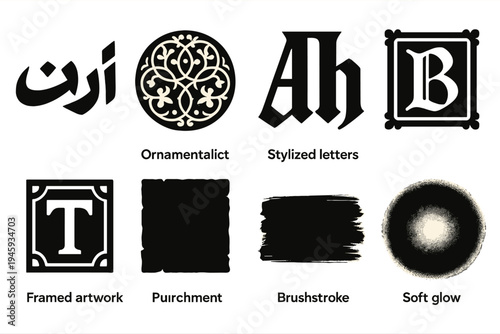 Brutalist Persian Typography Icons. Cultural Typography silhouette set: Persian text, ornamental circle, stylized letters, illuminated script, framed artwork, parchment texture,