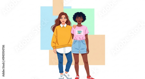 Two diverse young women standing together in casual outfits against colorful geometric background