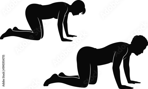 Two black silhouette figures of women in a yoga or exercise pose on their hands and knees with their heads down