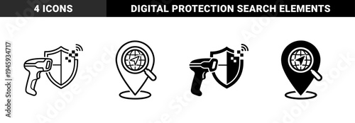 Hybrid security scanner and global location tracking icons featuring a shield with digital pixels and a magnifying glass over a world map globe