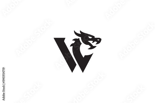Dynamic dragon head integrated into a bold letter v logo design