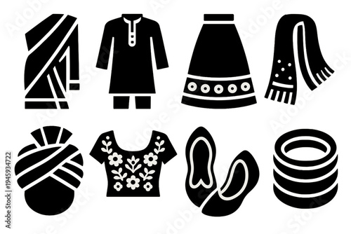 Bold Traditional Attire Icons. Traditional Attire silhouette set: saree, kurta pajama, lehenga, dupatta, turban, embroidered blouse, jutti shoes, bangles