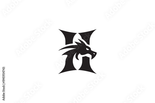 Dynamic dragon head integrated into bold letter h logo design for branding
