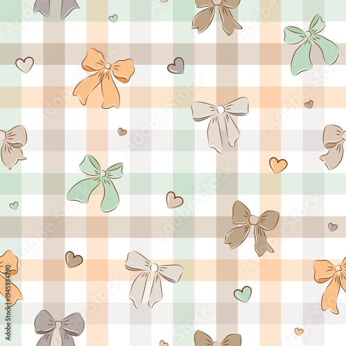 Seamless pattern with colorful bows on check background. vector illustration, vintage, bow ribbon heart, celebration gifting, birthday, clothes, textile, Easter