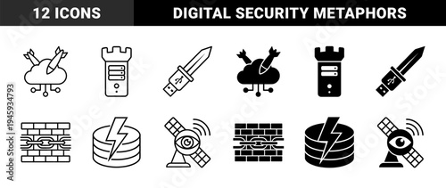 Hybrid Cybersecurity and Data Protection Concepts Featuring Cloud Bombs Server Castles USB Swords Brick Wall Chains and Satellite Eyes
