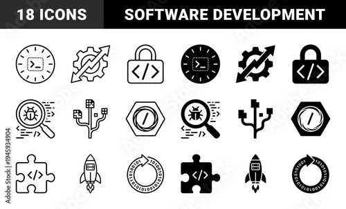 Software Development Hybrid Icon Set Featuring Coding Symbols Merged with Growth Gears Security Locks Bug Tracking Magnifiers and Launch Rockets