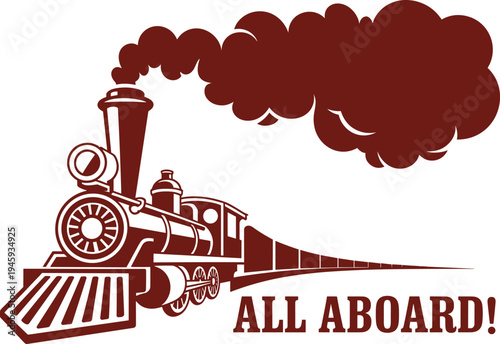 Vintage steam train in silhouette with billowing smoke and the text All Aboard in a rustic brown color on a white background